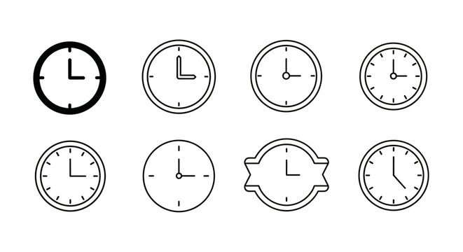 Set of minimalist clock icons for UI design, black line art style
