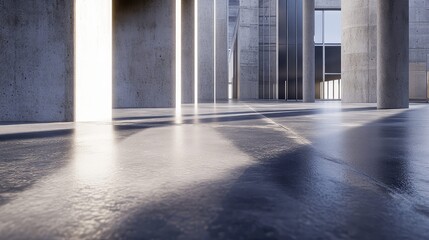 Fototapeta premium Clean concrete columns standing in a large empty hall with bright light casting long shadows and reflections on the polished floor, emphasizing a futuristic design