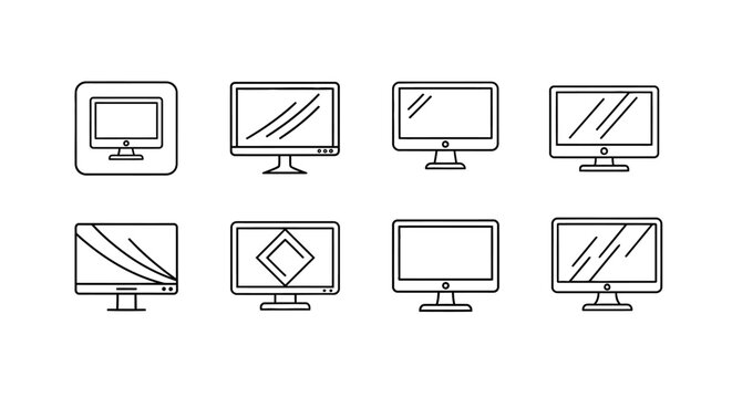 Set of eight hand-drawn computer monitor icons in doodle style