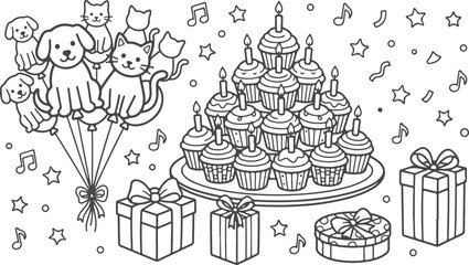 Cute puppies and kittens with balloons and cupcakes for a pet birthday party celebration. © Sadhin