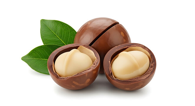 Three macadamia nuts are shown cracked open with leaves on white background