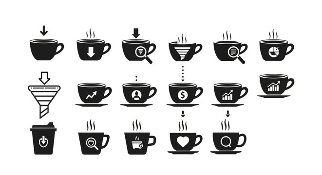 Business analytics coffee cup icons including charts graphs search funnels arrows and data visualization symbols for corporate presentations and infographics