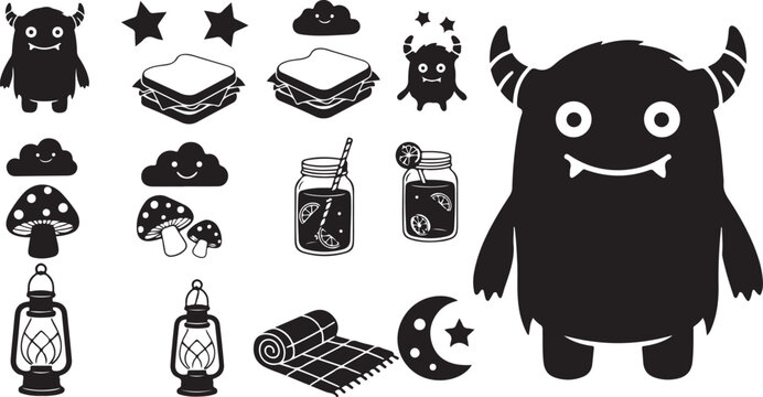 Halloween monster and spooky icons in black