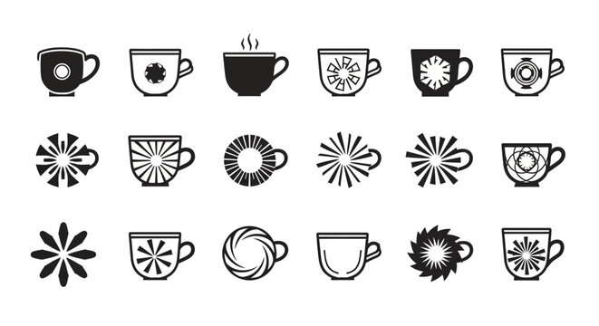 Coffee cup icons with abstract geometric and floral patterns in black and white for decorative and artistic graphic design