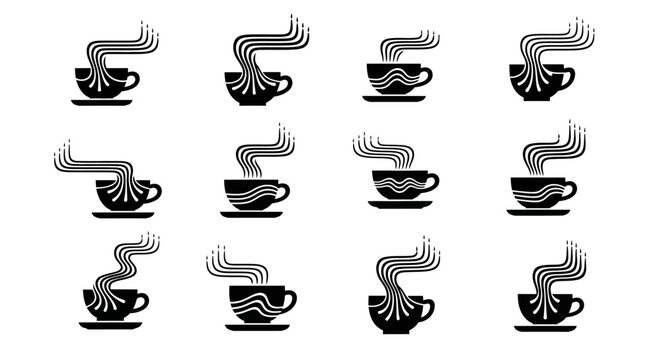 Abstract coffee cup icons with swirling steam lines representing energy and creativity in a modern design on white background