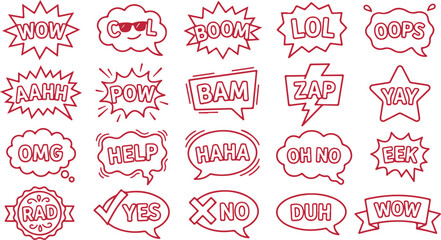 Red comic speech bubble explosion words set hand drawn sketch style vector. © Sadhin