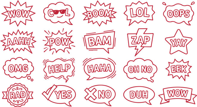 Red comic speech bubble explosion words set hand drawn sketch style vector.