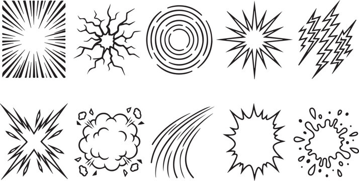 Comic explosion effect and sound lines set hand drawn sketch style vector.