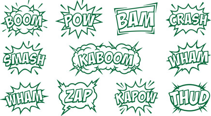 Green comic book sound effect words and graphical elements in explosion shapes on transparent background. © Sadhin
