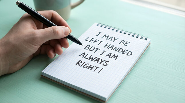 handwritten note on notebook saying I may be left handed but I am always right