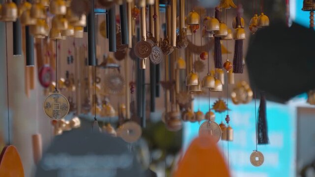 A multitude of shiny gilded tubular wind chimes with bells and engraved Hindu Om signs hang in a row and sway in the wind, producing melodic sounds
