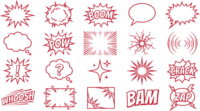 Assortment of red comic book sound effect words and graphic elements like explosions and stars.
