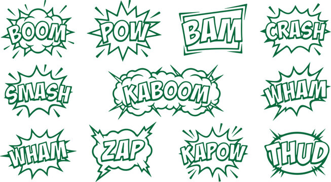 Green comic book sound effect words and graphical elements in explosion shapes on transparent background.
