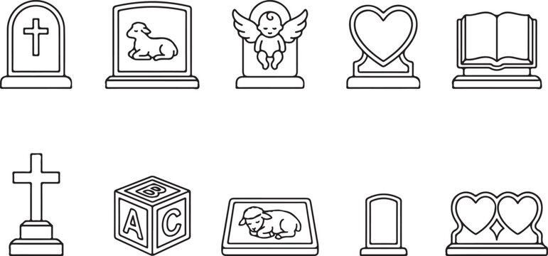 Collection of gravestone and memorial stone icons in line art style on transparent background.