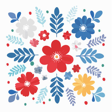 Folk Art Floral Pattern with Red, Blue, and Yellow Flowers