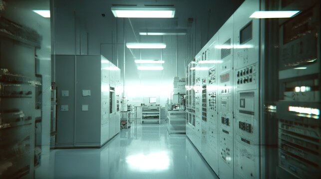 Automated server system and clean, futuristic data center controlling advanced calculations, ai driven processing and instrumentation for research, diagnostics and infrastructure development