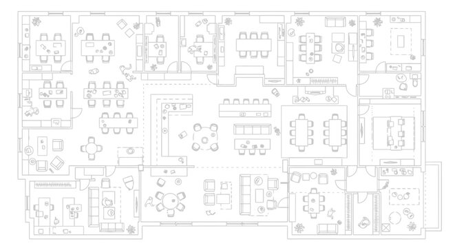 Modern office floor plan vector layout with interior furniture arrangement.