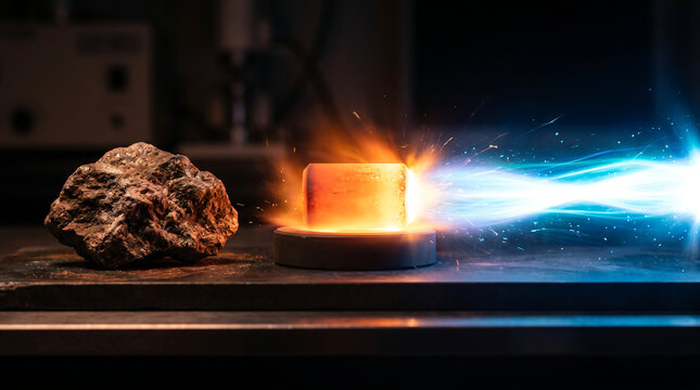 Meteorite, laser beam, burning, experiment, science, technology, research, laboratory, metal, heat, energy