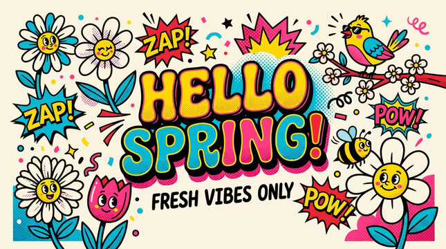 Colorful Hello Spring Text Illustration.