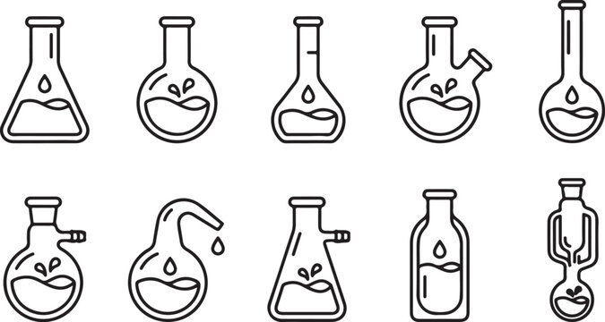 Set of ten outline laboratory glassware and equipment icons on transparent background.