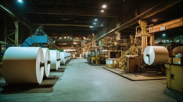Rows of newly manufactured large white paper rolls resting on the factory floor of an industrial papermaking plant with heavy machinery operating in the background