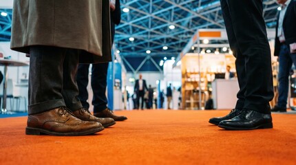 Fototapeta premium Business professionals networking at a trade show exhibition, low angle view of feet. Corporate conference and industry event attendance for B2B partnership.