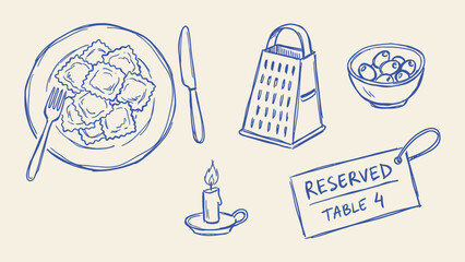 Italian dining hand-drawn vector sketches featuring ravioli plate cutlery cheese grater olives candle and reserved sign for restaurant menu and food branding © Zyariss