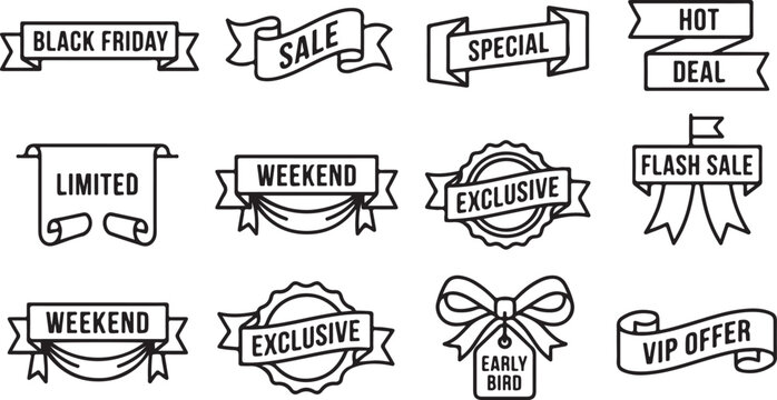 Set of twelve modern line art sale and promotion badges and banners.
