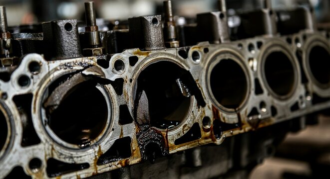 Close up severely cracked heavy cast iron engine block leaking dark.