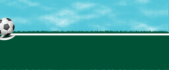 Abstract soccer background with football ball on green grass field, blue halftone sky texture, clean sport banner design, modern minimal football wallpaper, outdoor game concept illustration. © ABD