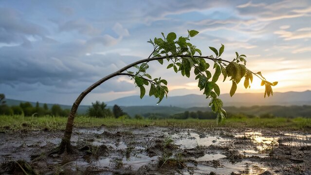  Young sapling bent by a storm in wet soil, sky clearing. 