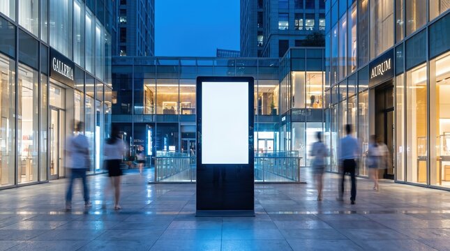 Blank vertical digital billboard mockup in modern urban shopping district. Out of home advertising display with motion blurred people in city mall at night.