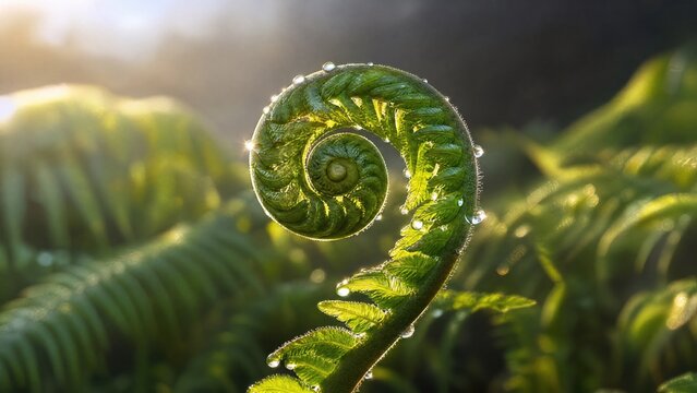 A silver fern frond unfurls at dawn with morning dew on its spiral. 