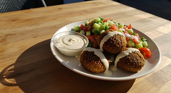Falafel with hummus and tabbouleh salad on wooden table middle eastern street food vegetarian foo
