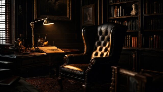Classical study corner with a dark leather armchair illuminated by a soft desk lamp. 