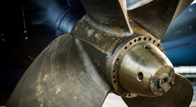 Close up massive ship propeller cast bronze severe cavitation pitting.