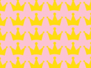 Obraz premium Pattern of yellow crowns on a pink background. The crowns are simple in design, each with three points, and are uniformly distributed across the image, creating a repeating motif. The bold contrast be