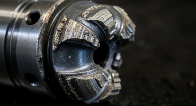 Close up heavily damaged industrial diamond core drill bit missing.