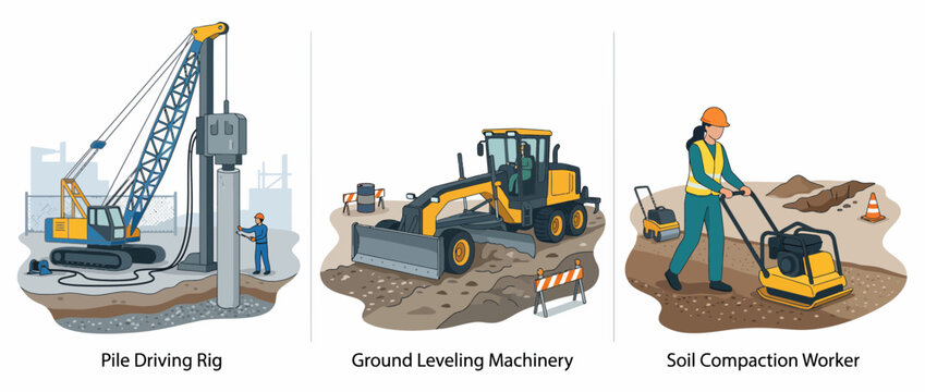 Construction Engineering Activities with Heavy Machinery and Workers