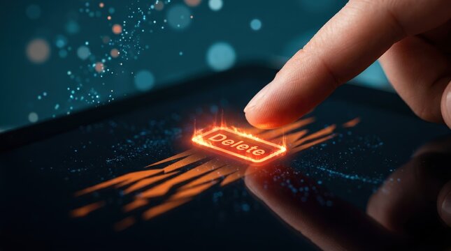 Data deletion concept, finger about to press glowing orange delete button on digital screen. Secure file removal, privacy protection and clearing storage space for technology software.