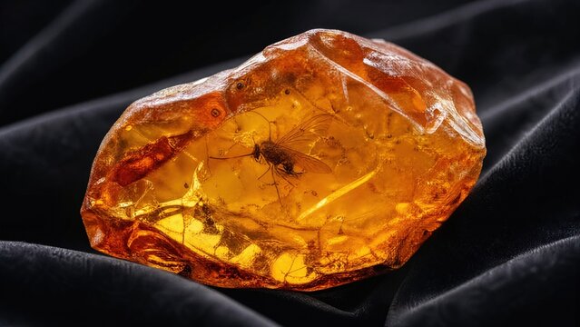 A piece of amber-colored copal resin containing a preserved insect on black velvet. 