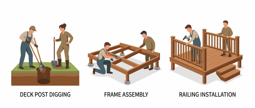 Isometric Wood Deck Construction Stages and Process