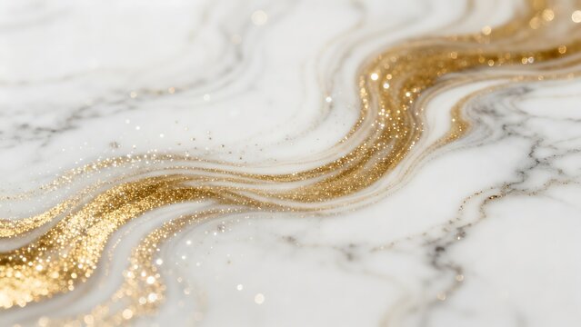 Gold glitter swirls on marble texture