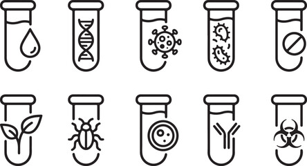 Collection of science laboratory test tube icons with various samples like dna virus bacteria plant insect and liquids. © Sadhin