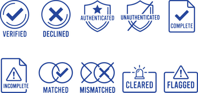 Set of blue checkmark and cross icons for verification status complete declined authenticated unauthenticated flagged cleared.