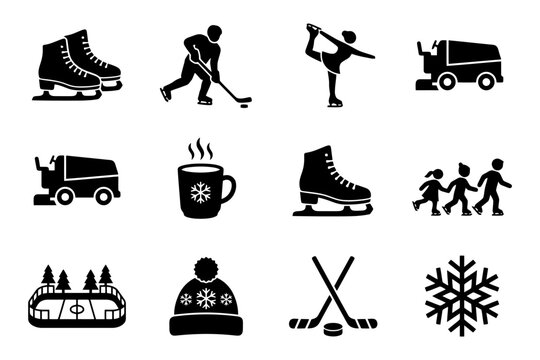 Winter sports icons: ice skating, hockey, zamboni, snowflake, rink.