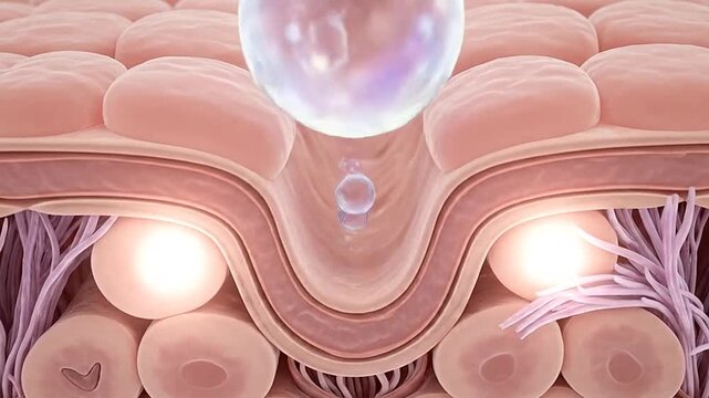 A microscopic view of skin cells with serum droplets penetrating the surface layer