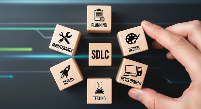 Software Development Life Cycle (SDLC) depicted with wooden blocks illustrating planning, design, development, testing, deployment, and maintenance.