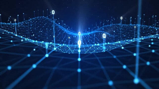 A digital landscape showing binary code flowing over a glowing network grid