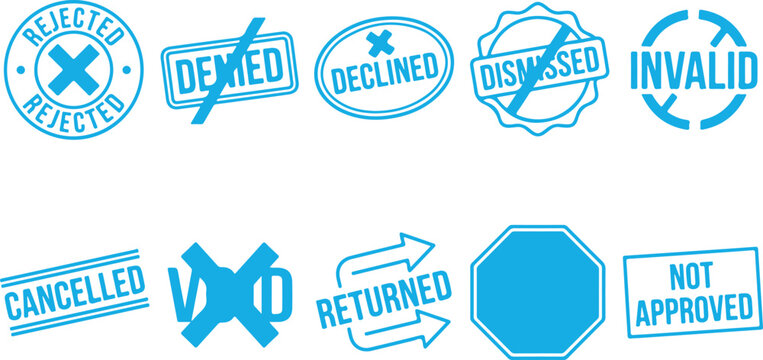 Collection of blue rubber stamps with words rejected declined dismissed invalid cancelled returned not approved.